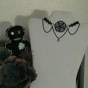 Original Design Noir Bronze Stamping w Floating Stones on Black Bookchain Choker